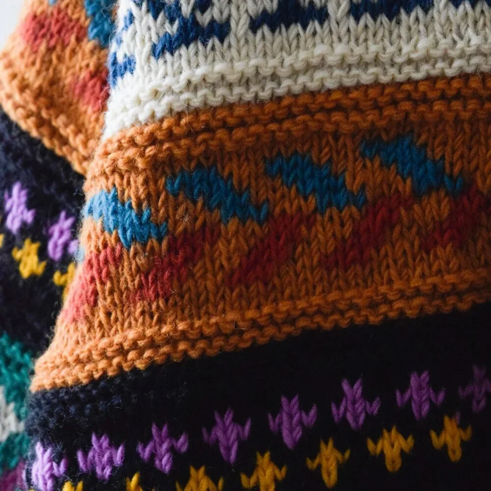 Hand Crafted Cream Multicolor Fair Isle Wool Cardigan - Picture 3 of 4